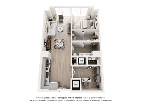 A 3D floor plan of a small apartment with a kitchen, living room, and bathroom.
